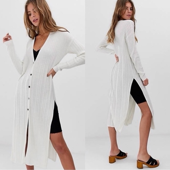 NWT! Free People Skinny Mini Ribbed White Cream Long Cardigan Duster Sweater S - Picture 3 of 9